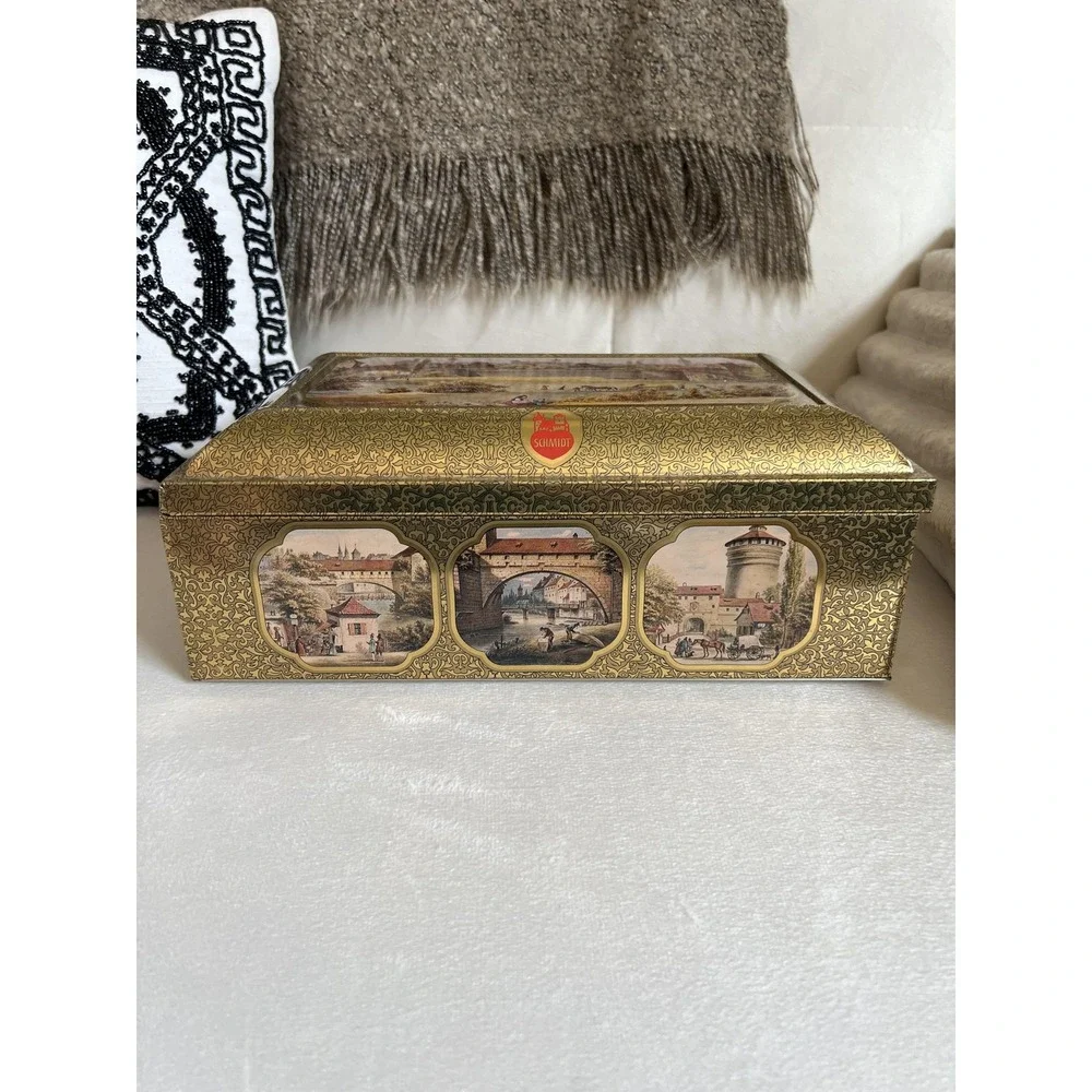 Vintage Otto Schmidt Gold Cityscape Rectangular Tin Box Large Germany With Lid